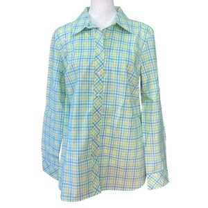 Talbots Spring Plaid Button Up Shirt Blue/Yellow/Green 100% Cotton (Size S)